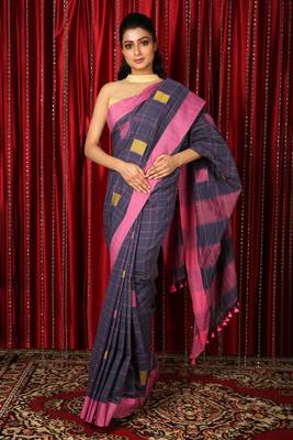 Grey woven blended cotton saree with blouse 1