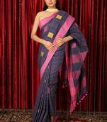 Grey woven blended cotton saree with blouse