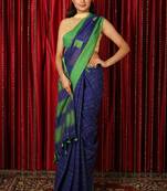 Navy blue  woven blended cotton saree with blouse