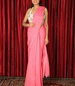 Pink plain blended cotton saree with blouse