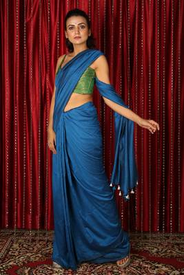 Royal blue plain blended cotton saree with blouse 1