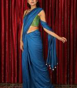 Royal blue plain blended cotton saree with blouse