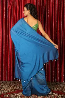 Royal blue plain blended cotton saree with blouse