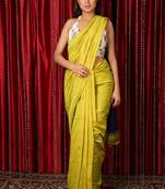 Lime plain blended cotton saree with blouse