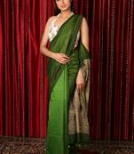 Green plain blended cotton saree with blouse