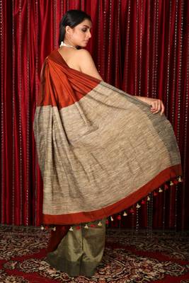 Rust plain blended cotton saree with blouse 2
