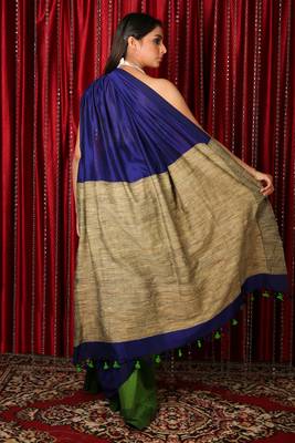 Blue plain blended cotton saree with blouse 2