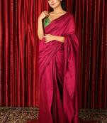 Magenta plain blended cotton saree with blouse