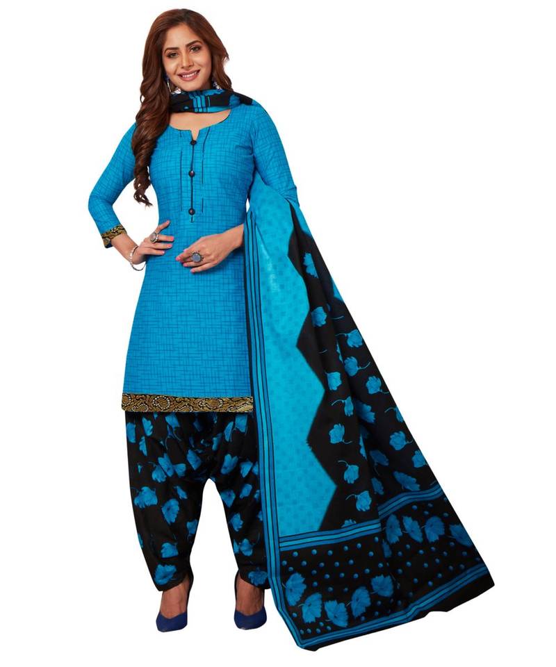 cotton patiyala dress for women Women's Blue & Black Cotton Unstitched Patiyala suit with zari border - Om  Clothing