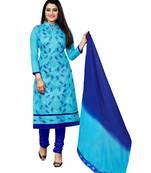 Women's Sky Blue & Dark Blue Cotton Embroidered Dress Material with Dupatta