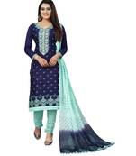 Women's Navy Blue & Sky Blue Cotton Embroidered Dress Material with Dupatta