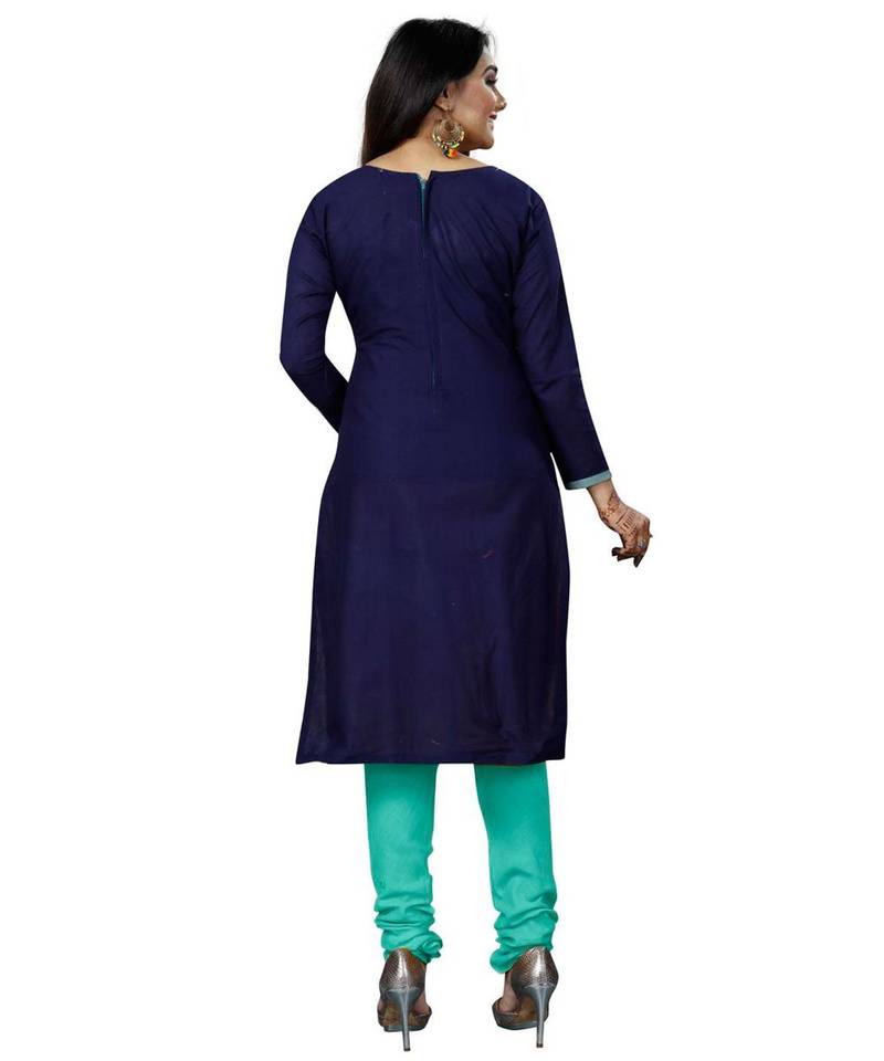 Women's Navy Blue & Sky Blue Cotton Embroidered Dress Material with Dupatta
