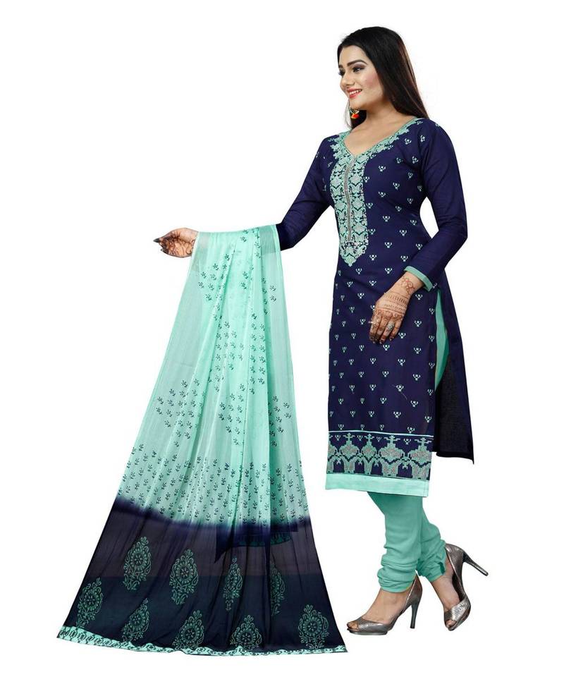 Women's Navy Blue & Sky Blue Cotton Embroidered Dress Material with Dupatta