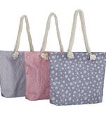 Shree Shyam Product Grey & Pink Large Compartment Printed Cotton Casual Tote Bag for Women & Girls (3Pcs Set)