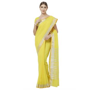 Yellow plain linen saree with blouse 1