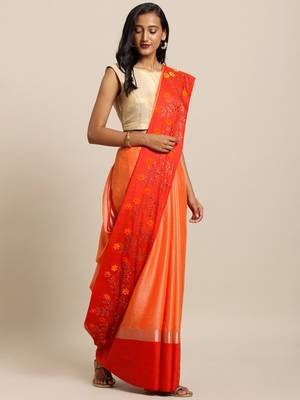 Orange plain linen saree with blouse 1