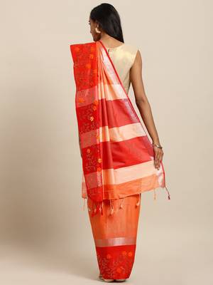 Orange plain linen saree with blouse 2