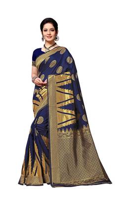 Navy Blue Woven Banarasi silk blend Saree With Blouse 1