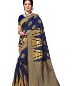 Navy Blue Woven Banarasi silk blend Saree With Blouse