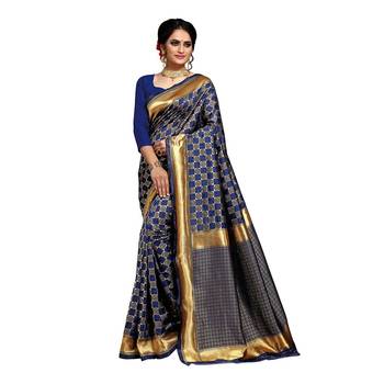 Dark Blue Woven silk blend Saree With Blouse 1