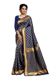 Dark Blue Woven Art Silk Saree With Blouse