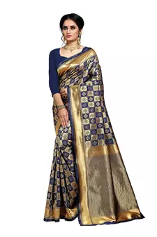 Dark Blue Woven Art Silk Saree With Blouse