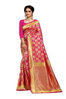 Pink Woven Art Silk Saree With Blouse