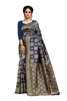 Dark Blue Woven Art Silk Saree With Blouse