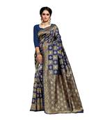 Dark Blue Woven Art Silk Saree With Blouse