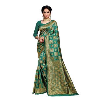 Dark green woven banarasi silk blend saree with blouse 1