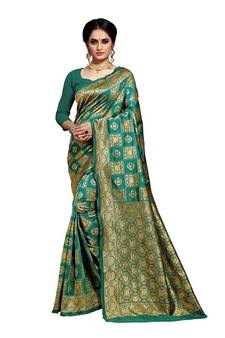 Dark green woven banarasi silk saree with blouse