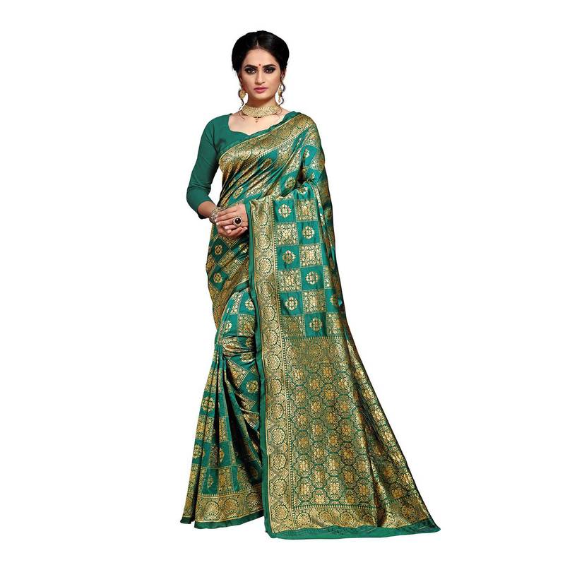 Dark green woven banarasi silk saree with blouse