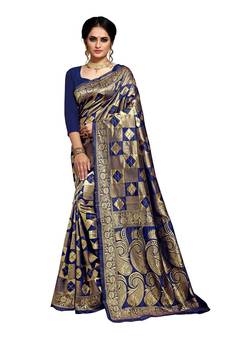 Navy Blue Woven Art Silk Saree With Blouse