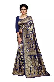 Navy Blue Woven Art Silk Saree With Blouse