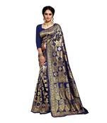Navy Blue Woven Art Silk Saree With Blouse