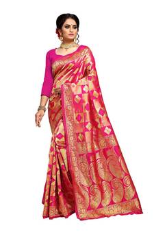 Pink Woven Art Silk Saree With Blouse