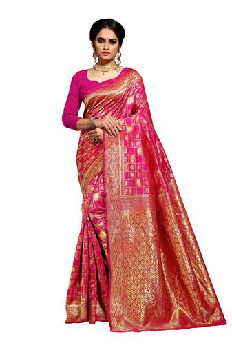 Pink Woven Banarasi silk blend Saree With Blouse