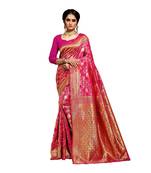 Pink Woven Banarasi silk blend Saree With Blouse