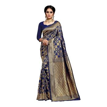 Dark blue woven silk blend saree with blouse 1