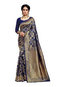 Dark blue woven art silk saree with blouse