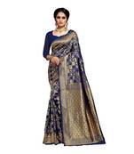 Dark blue woven art silk saree with blouse