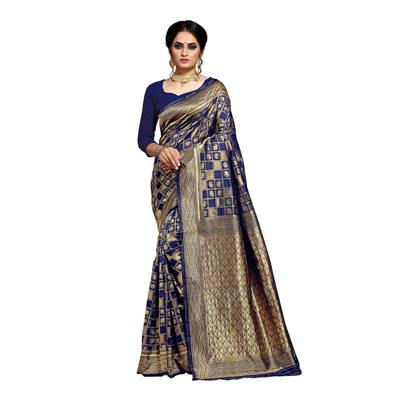 Dark blue woven art silk saree with blouse