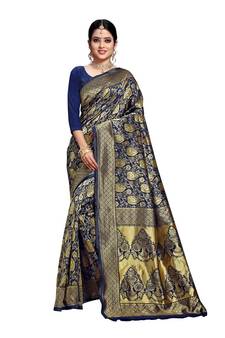 Blue Woven Art Silk Saree With Blouse