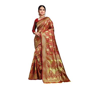 Red Woven silk blend Saree With Blouse 1