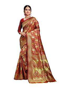 Red Woven Art silk blend Saree With Blouse