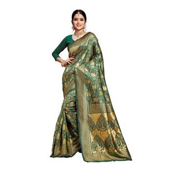 Rama Green Woven silk blend Saree With Blouse 1
