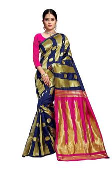 Navy Blue Woven Banarasi Silk Saree With Blouse