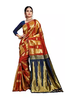 Red woven banarasi silk saree with blouse