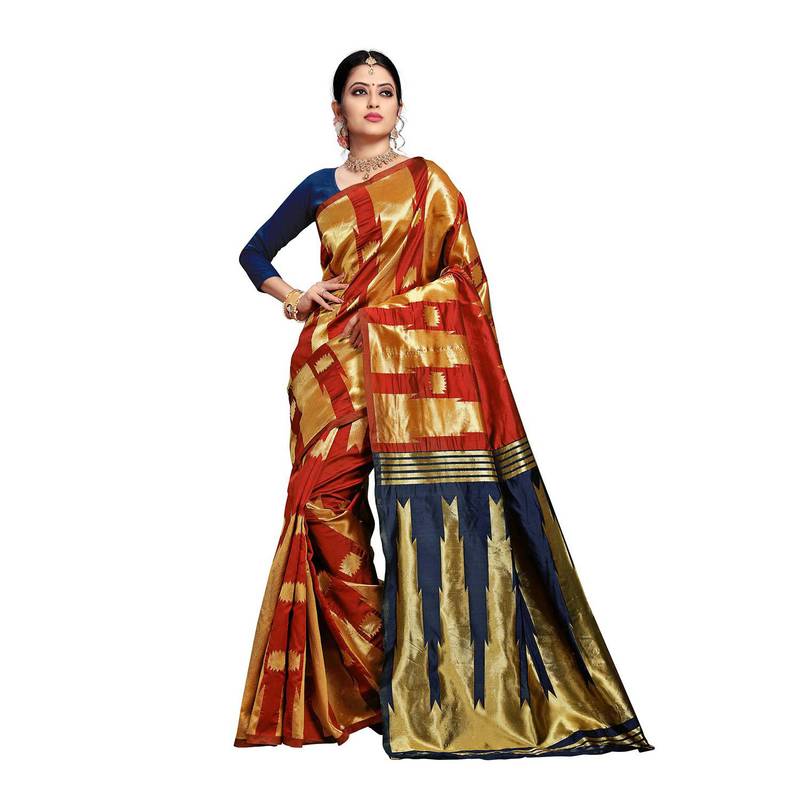 Red woven banarasi silk saree with blouse