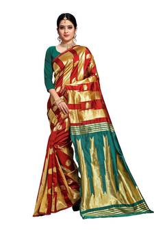 Red woven banarasi silk saree with blouse
